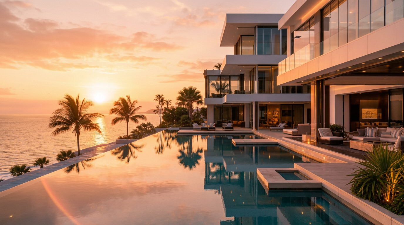 Ultra-luxury modern coastal mansion in Florida at golden hour